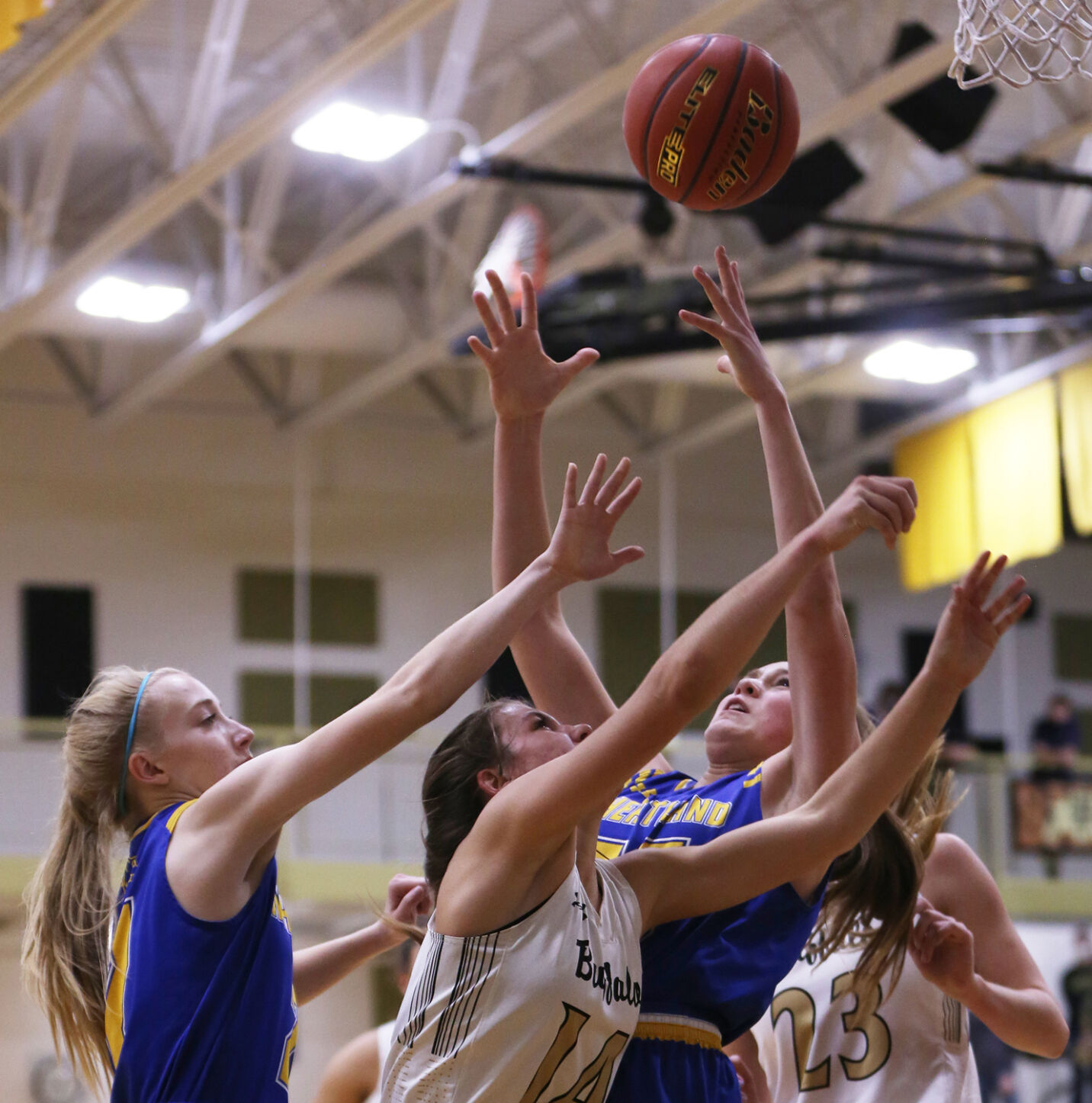 Tess Rule attempts a shot from below the basket before being fouled